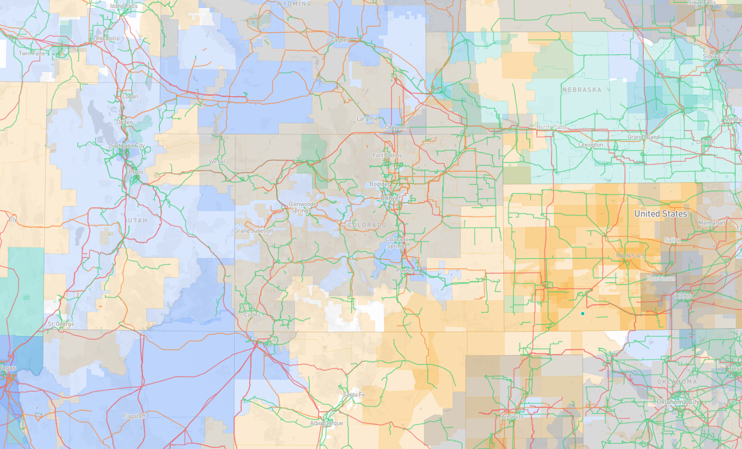 A preview of the CommonGrid interactive map, centered on Colorado, showing utility service territories, ISO/RTO boundaries, and transmission lines.